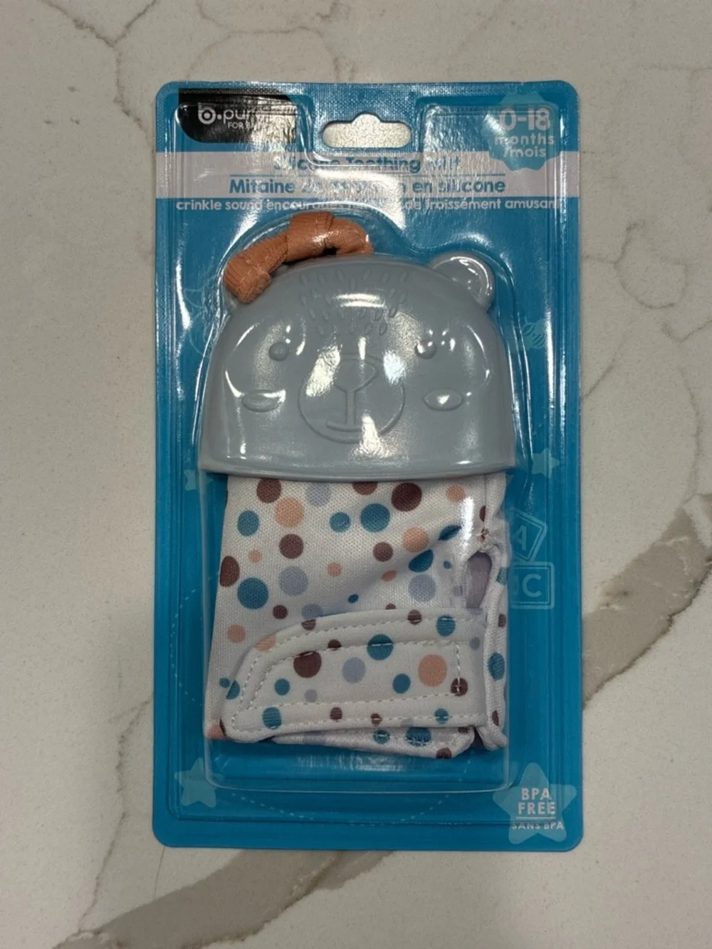 Baby Silicone Crinkle Mitten in Light Gray and Polka Dot - Infant Sensory Toy